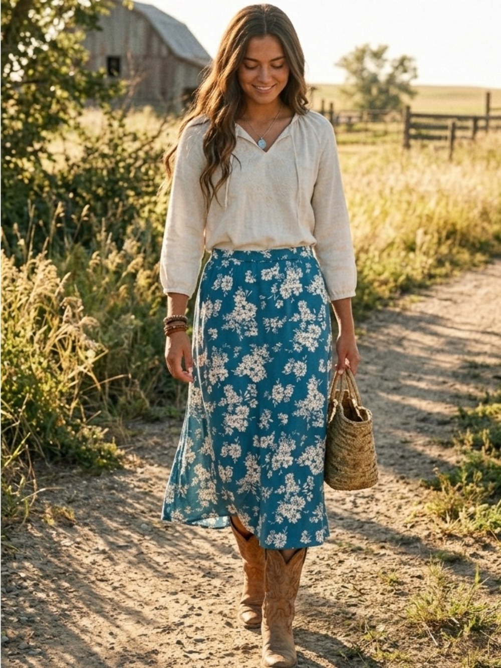 NWOT Women’s Floral A-Line Stretch Midi Skirt Blue White Boho Cottagecore Chic